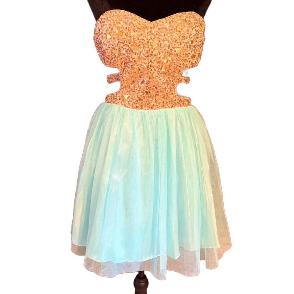 Morgan & Co Mint and Gold Beaded Peekaboo Mini Dress (Fits 4-6)